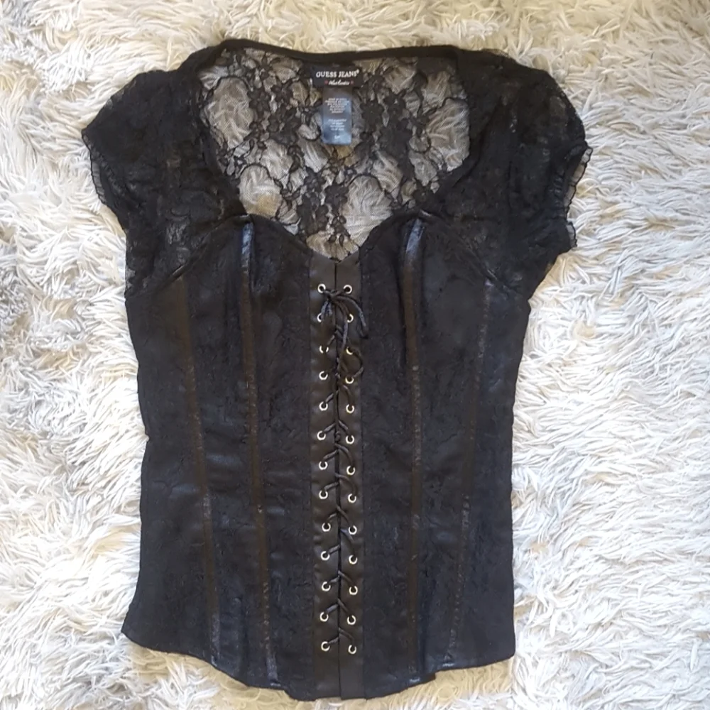 ⚡️SOLD⚡️ NWOT GUESS Black boned corset lace top - Small - Picture 1 of 6